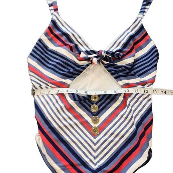 Time and Tru Women's July Stripe Tie Front One Piece Swimsuit Blue & Red Large - Picture 10 of 14